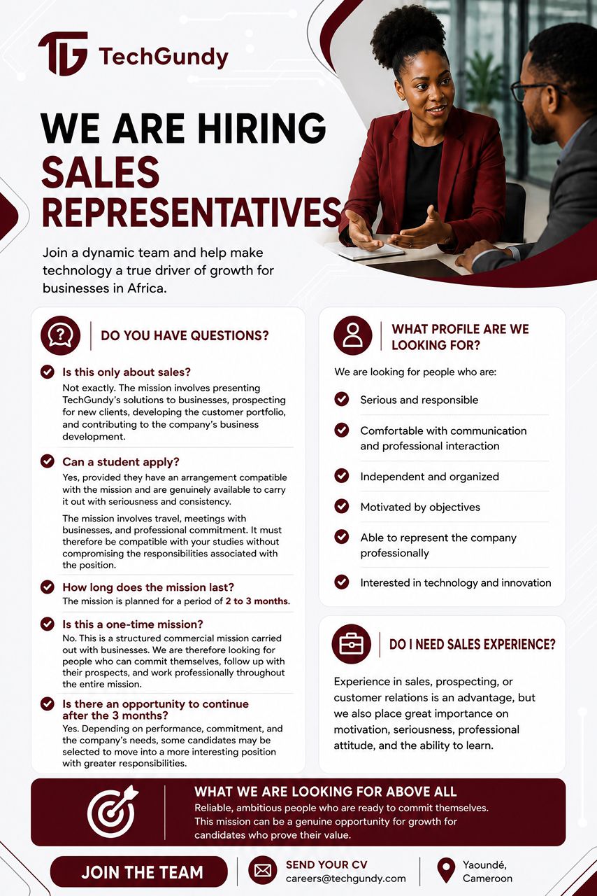Affiche de recrutement TechGundy — Représentants Commerciaux, Yaoundé